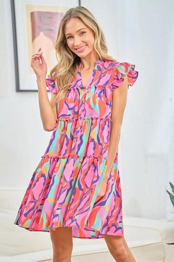 First Love Full Size Printed Ruffle Cap Sleeve Dress - Love Salve
